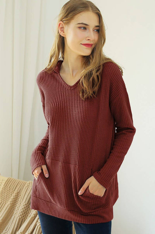 CWTTL1428_V NECK HOODIE AND POCKET PULLOVER SWEATER KNIT