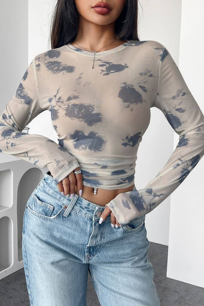 CWTBLL3505_FLORAL MESH PRINT PLEATED SIDE CROPPED TOP
