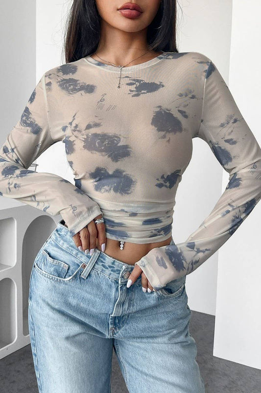 CWTBLL3505_FLORAL MESH PRINT PLEATED SIDE CROPPED TOP