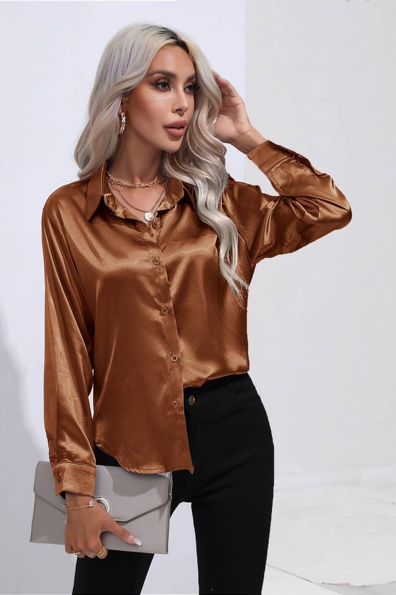 CWTBLL0690_Button Down Silky Satin Long Sleeve Top