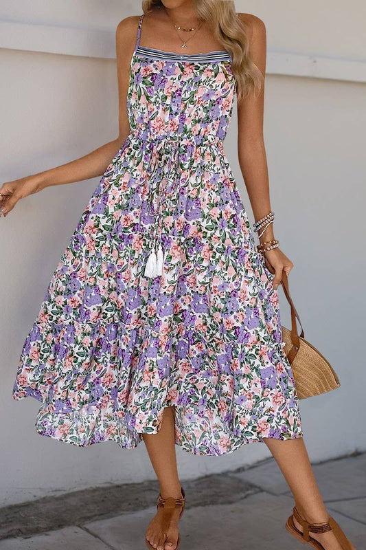 CWDMD4469_PLEATED PRINTED RUFFLED SUSPENDER DRESS