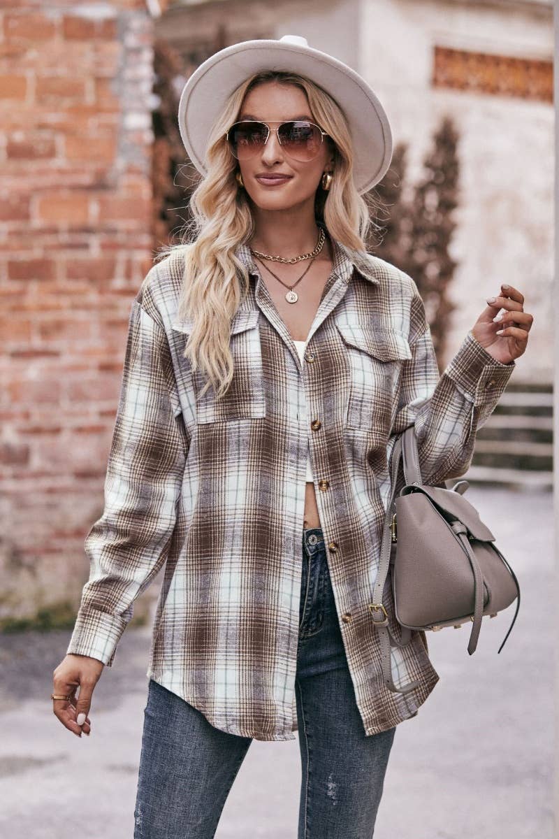 CWTSTL2188_AUTUMN WINTER POCKET PLAID LONG-SLEEVED SHIRT