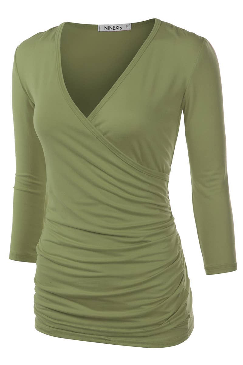 CWTTL1403_3/4 Sleeve Tank Tops Deep V-Neck Surplice Wrap