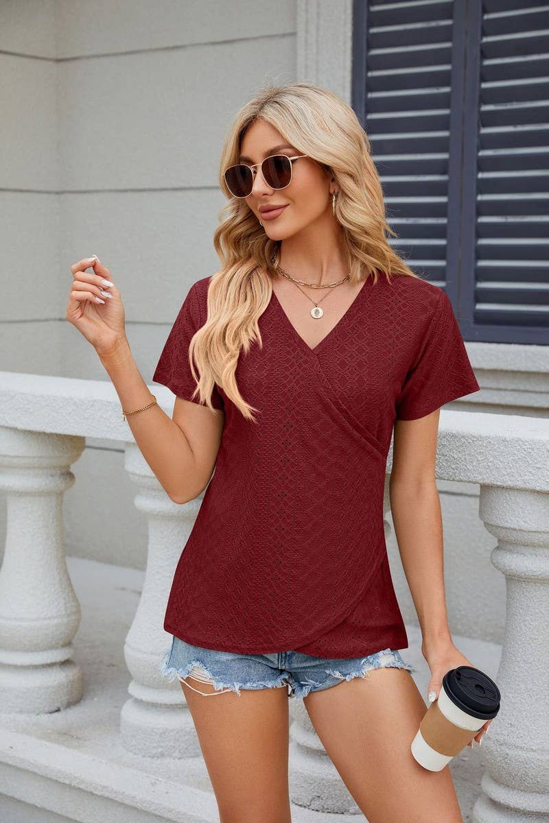 CWTTS0847_V-Neck Short Sleeve Knit Top