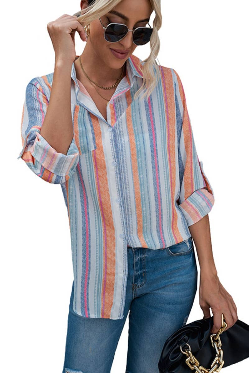 CWTSTL2350_STRIPED LAPEL LONG SLEEVE LOOSE SHIRT TOP