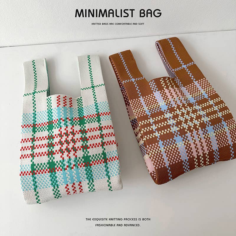 Colorful checkered knitted single-shoulder bag