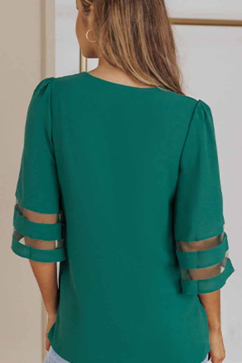 CWTBLS1323_MESH SEE-THROUGH SEVEN-QUARTER SLEEVE TOP