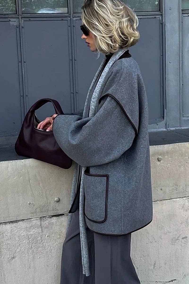 CWOCO1067_LOOSE RETRO GREY BELTED WOOLEN COAT