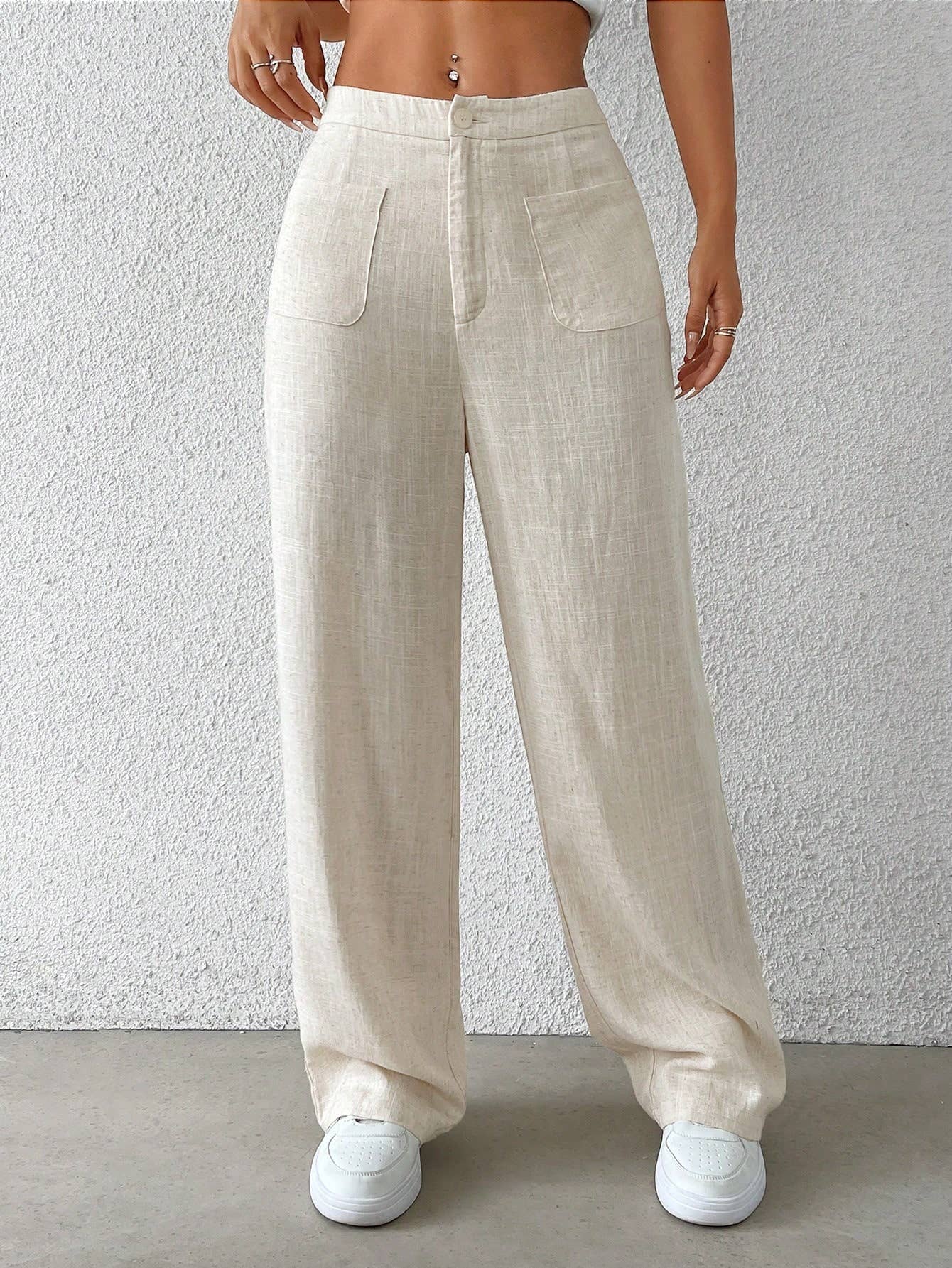 Cotton and linen solid-color elastic waist pants