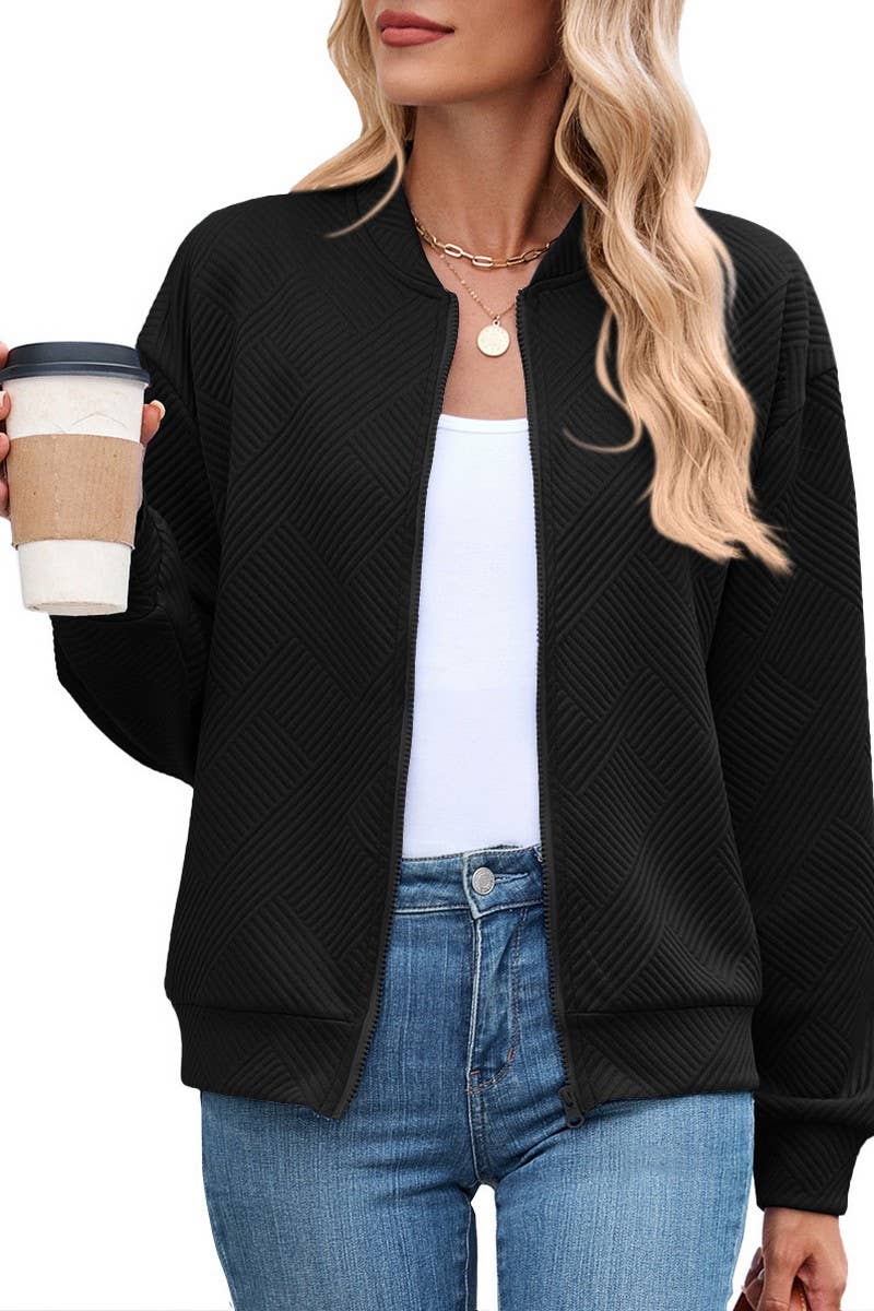 CWOCO00238_SOLID ZIP UP LONG SLEEVE CASUAL BOMBER JACKET