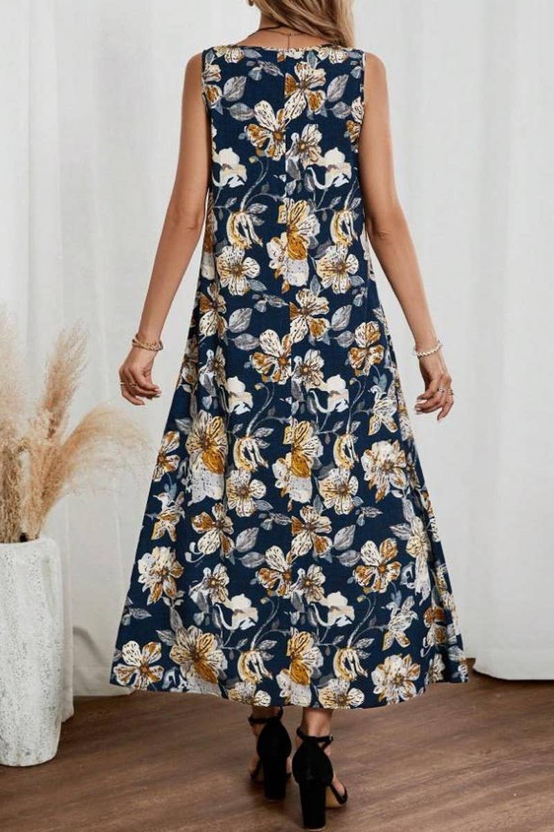 CWDMD5872_SLEEVELESS FLORAL PRINT ROUND NECK A-LINE DRESS