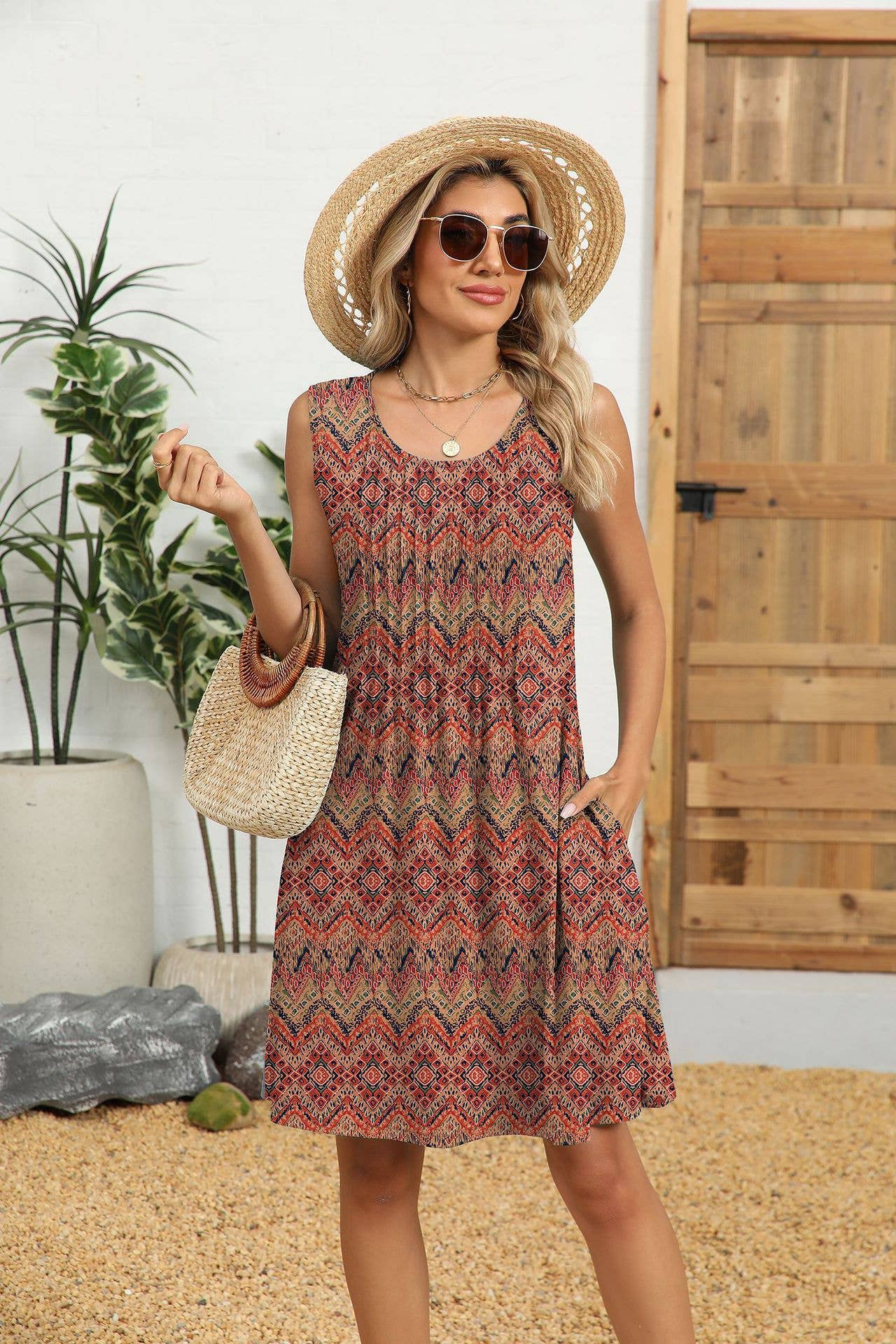 Crew-neck loose print tank top dress with pockets