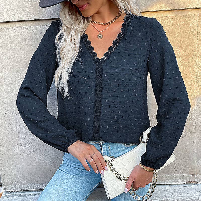 COMMUTER LONG SLEEVE LACE PATCHWORK V-NECK SHIRT