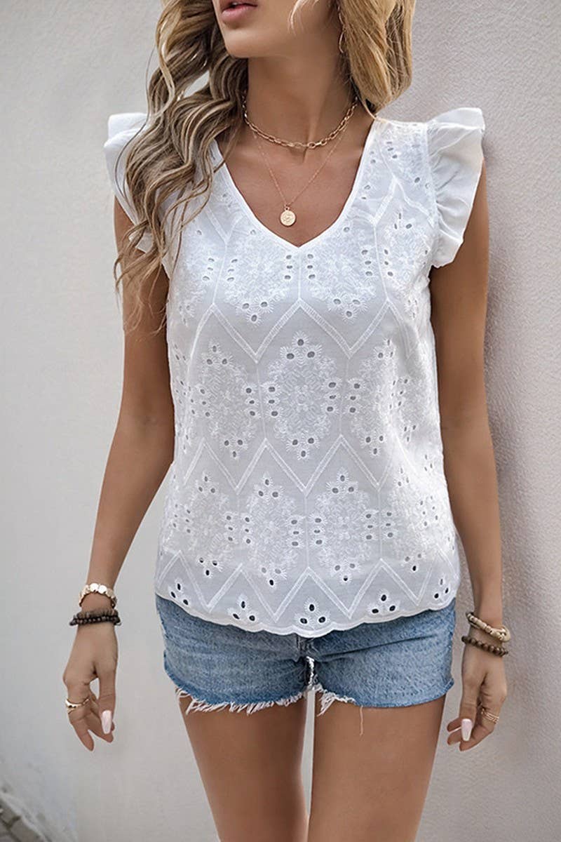 CWTBLS1560_V-NECK LOTUS LEAF FLYING SLEEVE TIE HOLLOW SHIRT