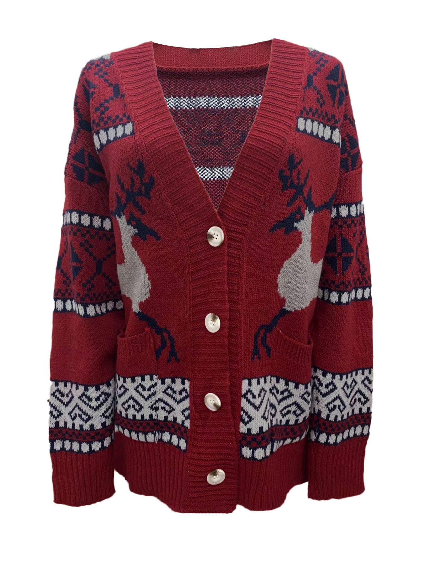 Christmas V-neck animal-printed knitted cardigan