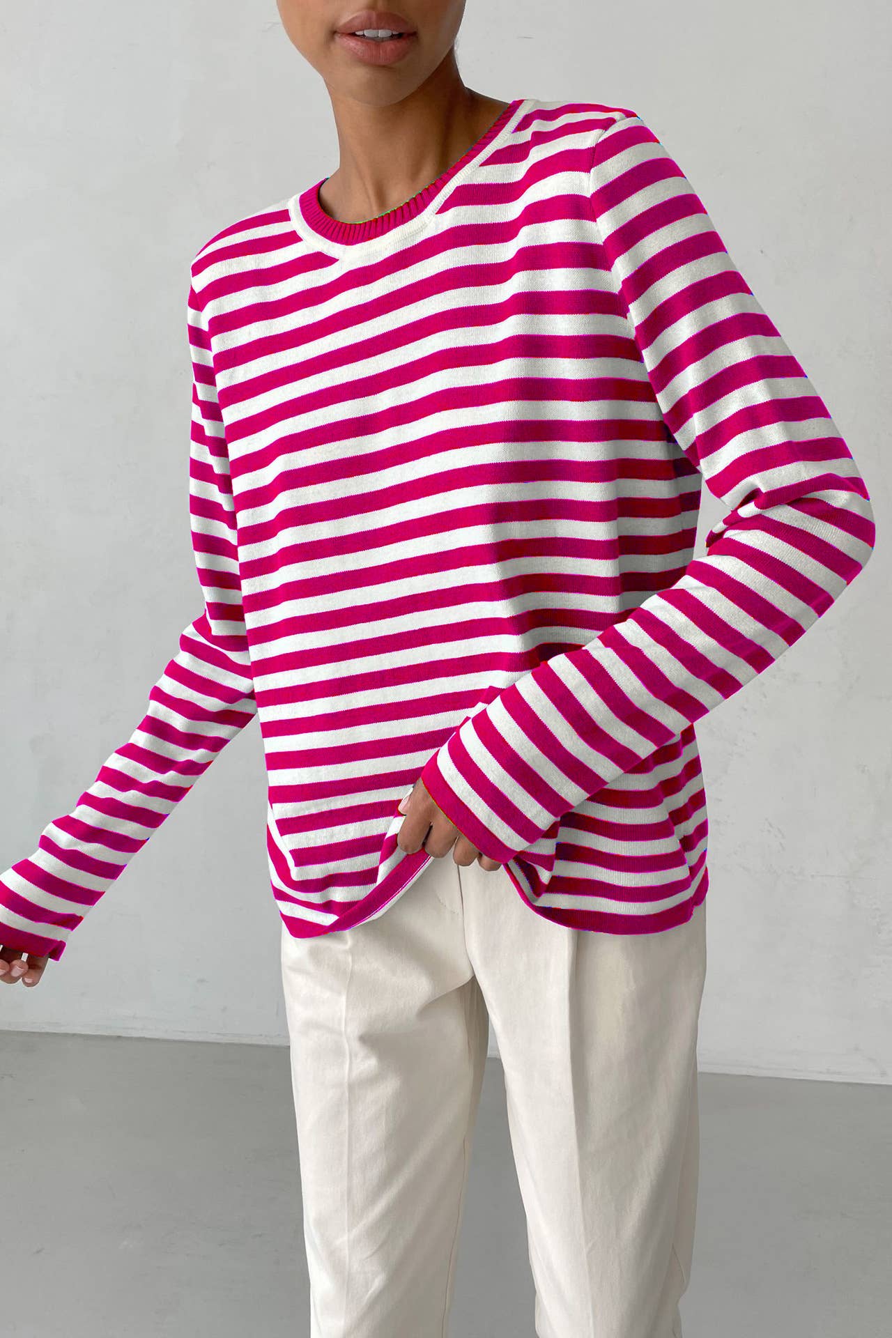 CREW-NECK KNITTED STRIPED RETRO STRIPED SWEATER