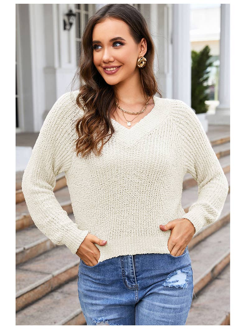 DOUBLE V-NECK SOLID SHORT PULLOVER SWEATER