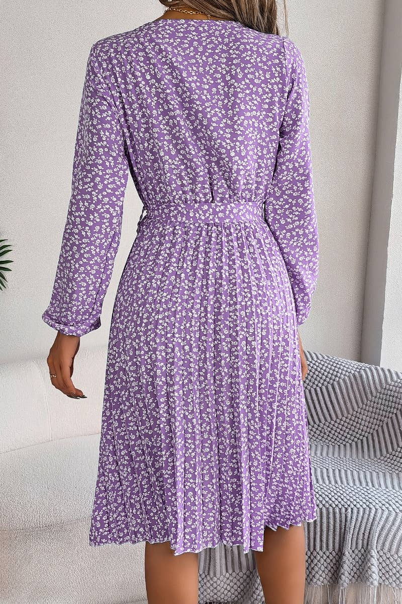 CWDSD4657_LONG-SLEEVED FLORAL PLEATED ONE-PIECE SKIRT