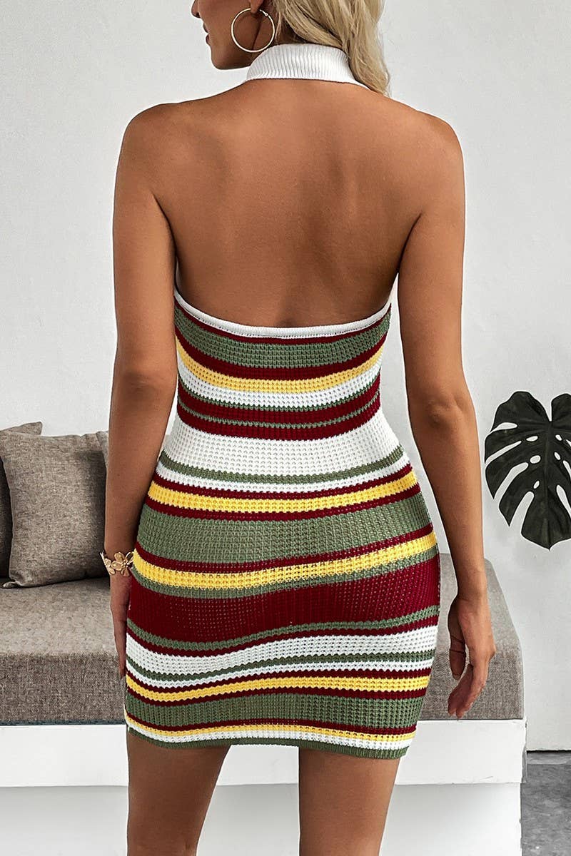 CWDHL1069_STRIPED HALTER COLLARED BODYCON DRESS