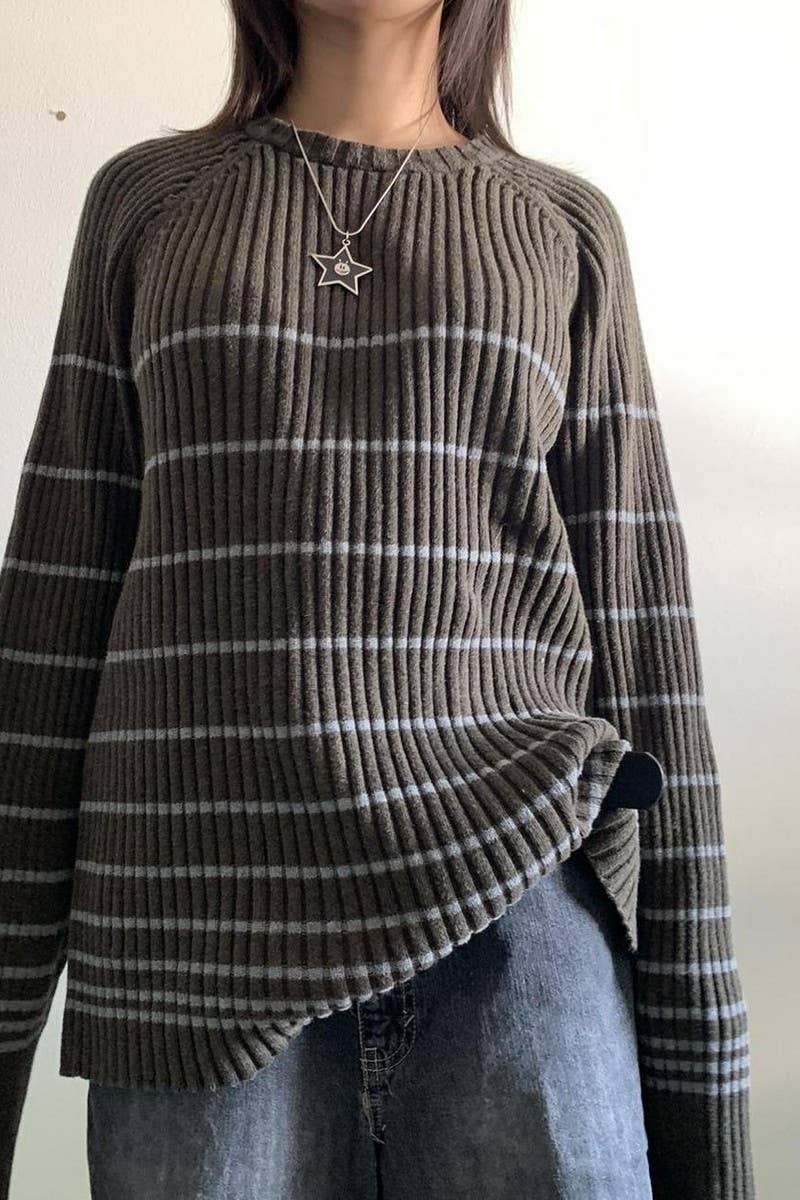 CWOSWL5745_STRIPED LONG-SLEEVED LOOSE CASUAL KNITTED SWEATER