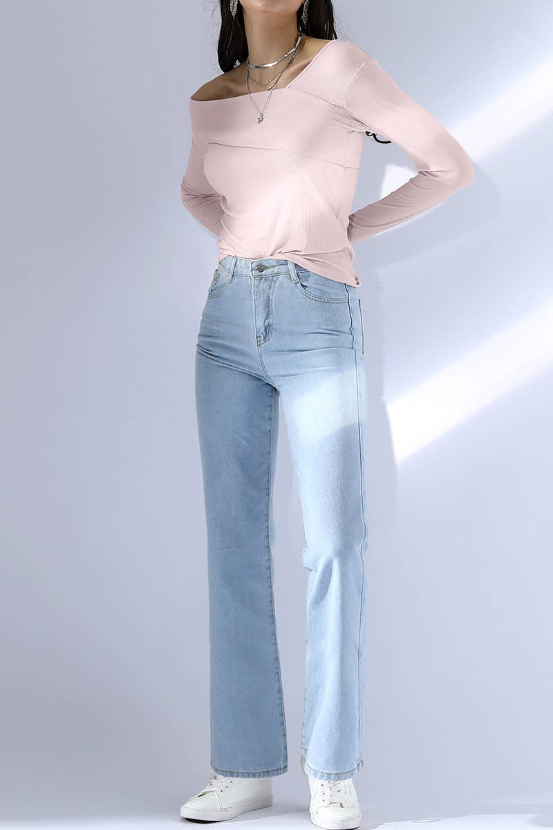 CWTTL1499_ONE SHOULDER LONG SLEEVE 2 LAYER T SHIRT TOP