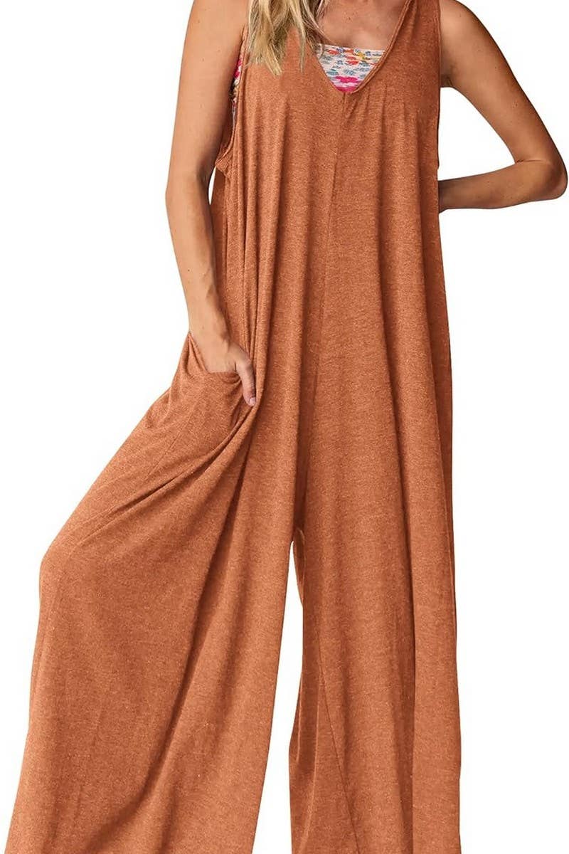 CWSJS00260_LOOSE SLEEVELESS VEST V-NECK WIDE-LEG JUMPSUIT