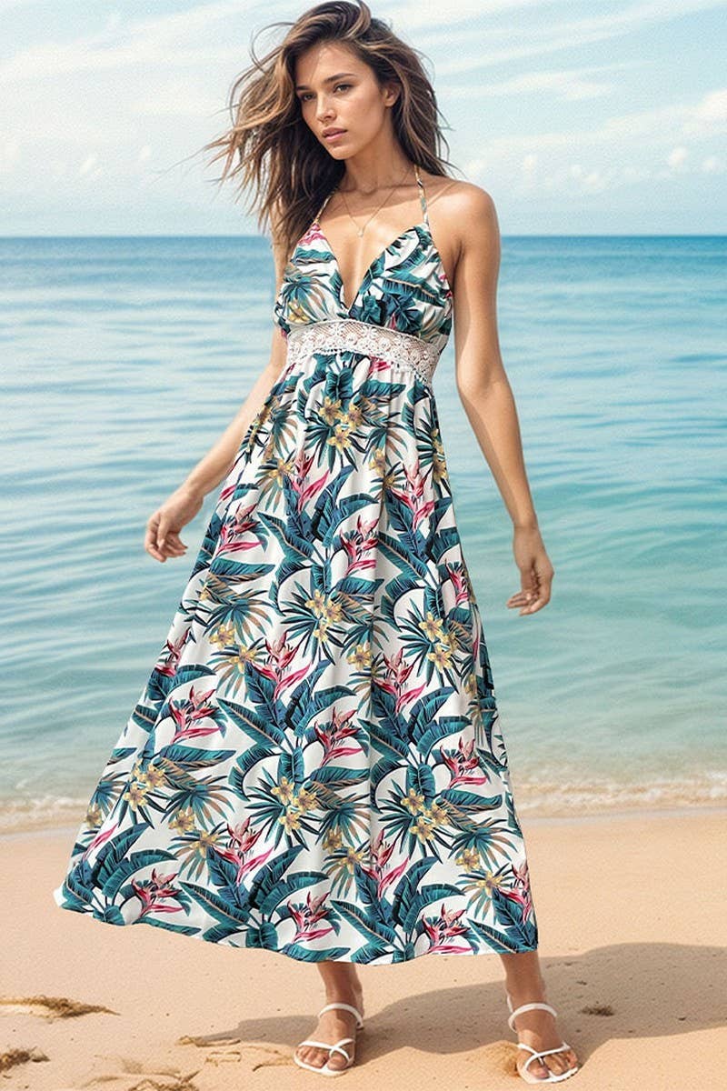 CWDHL0655_PLANT PRINT SLING RESORT STYLE PATCHWORK DRESS