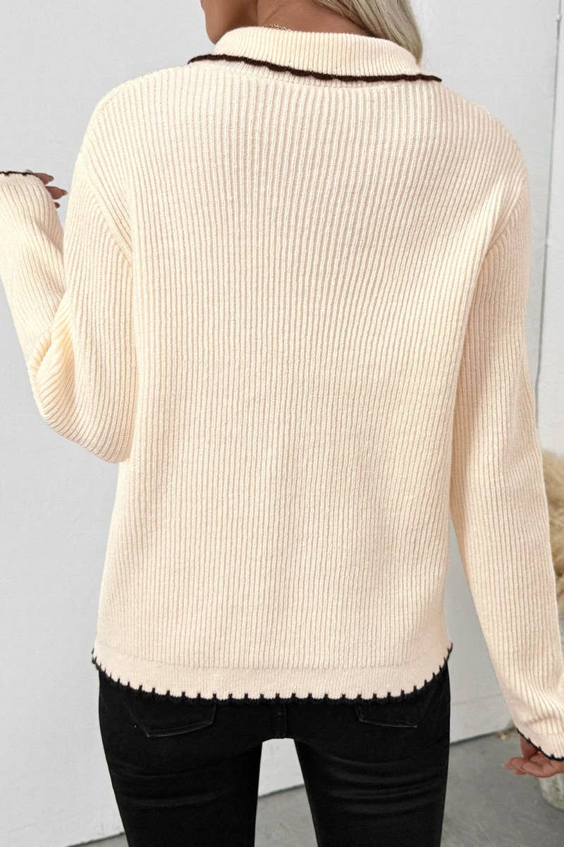 CWOCAL00583_CHIC BOW TIE CONTRAST TRIM CARDIGAN SWEATER