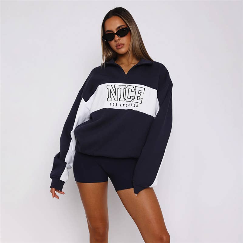 COLOR CONTRAST LETTER PRINT LOOSE CASUAL HOODIE