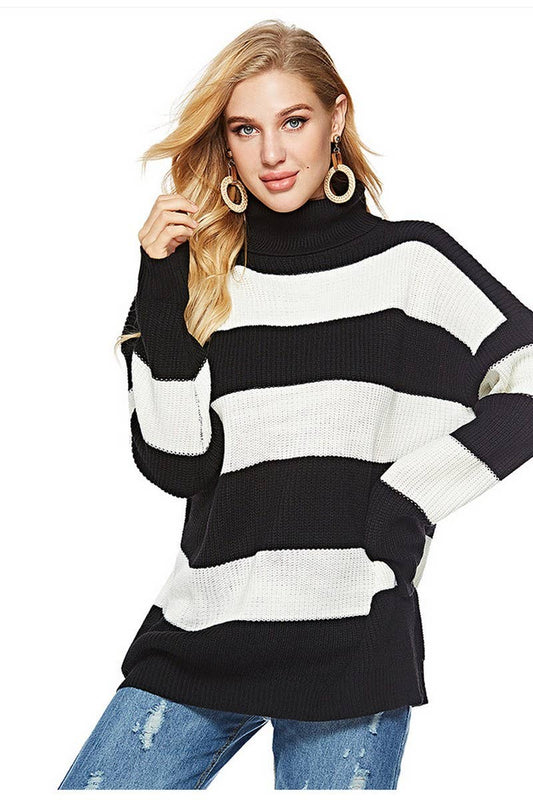 CWOSWL2697_CASUAL STRIPED TURTLENECK KNIT PULLOVER