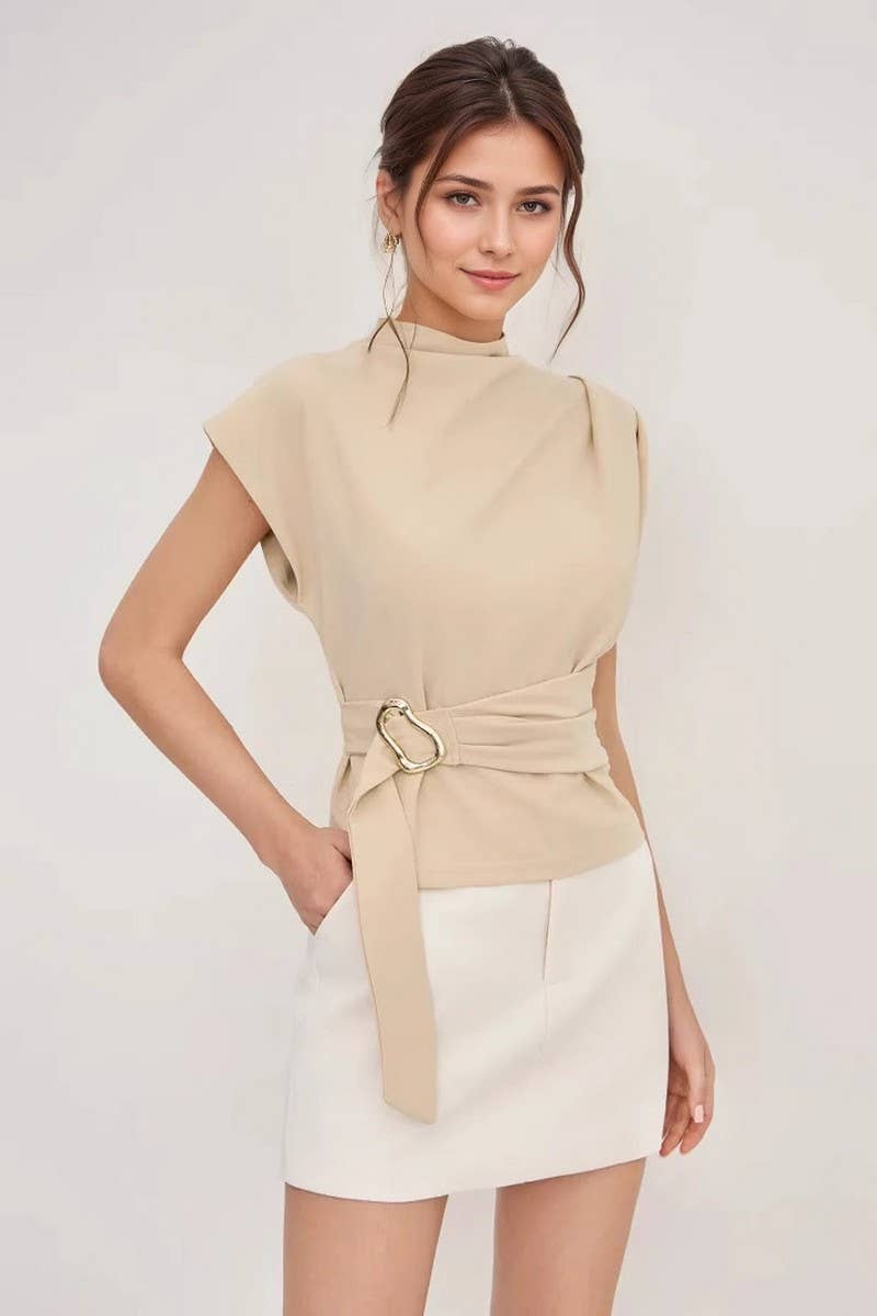 CWTBLSL0992_CREAM SHORT SLEEVE HALF TURTLENECK BUTTONED TOP