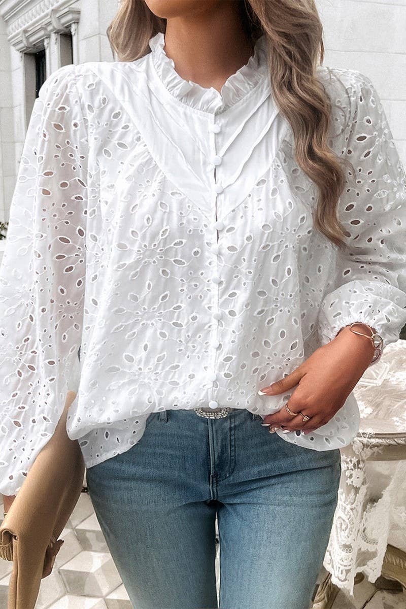 CWTSTL2732_ELEGANT HOLLOW PUFF SLEEVE EMBROIDERED TOP