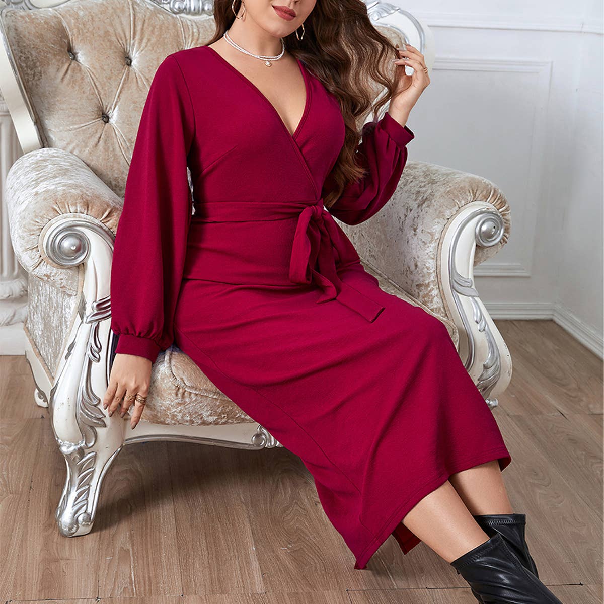 Red V-Neck Slim Fit Long Dress for Fall & Spring_CWDSD8473