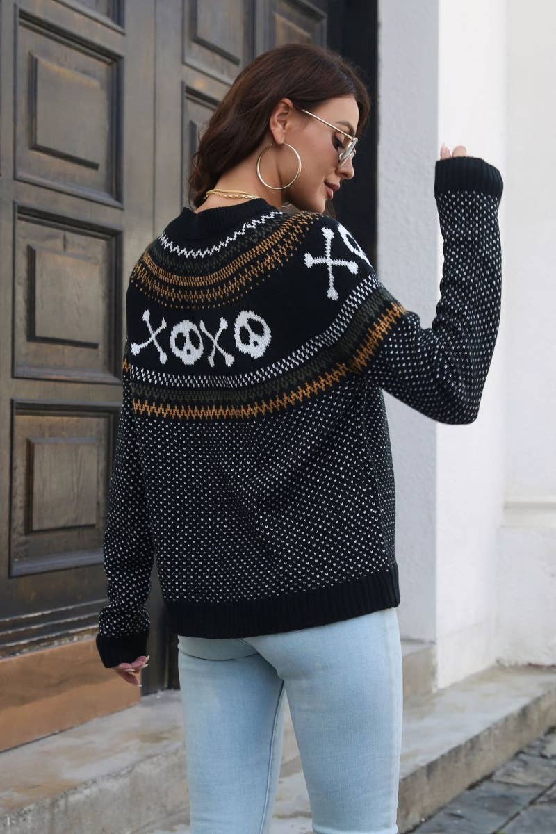 CWOSWL6375_VINTAGE SKULL GHOST PRINT LONG-SLEEVED SWEATER