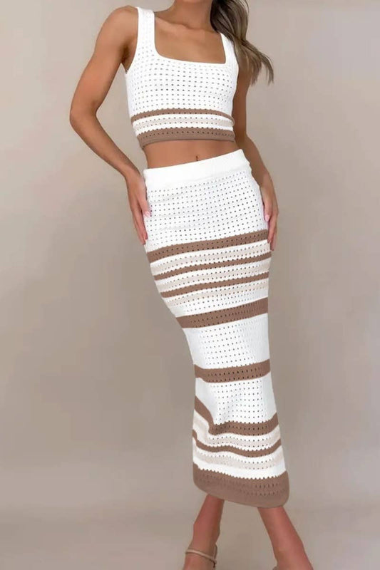 CWSS0493_SLEEVELESS STRIPED TOP BODYCON LONG SKIRT SUIT