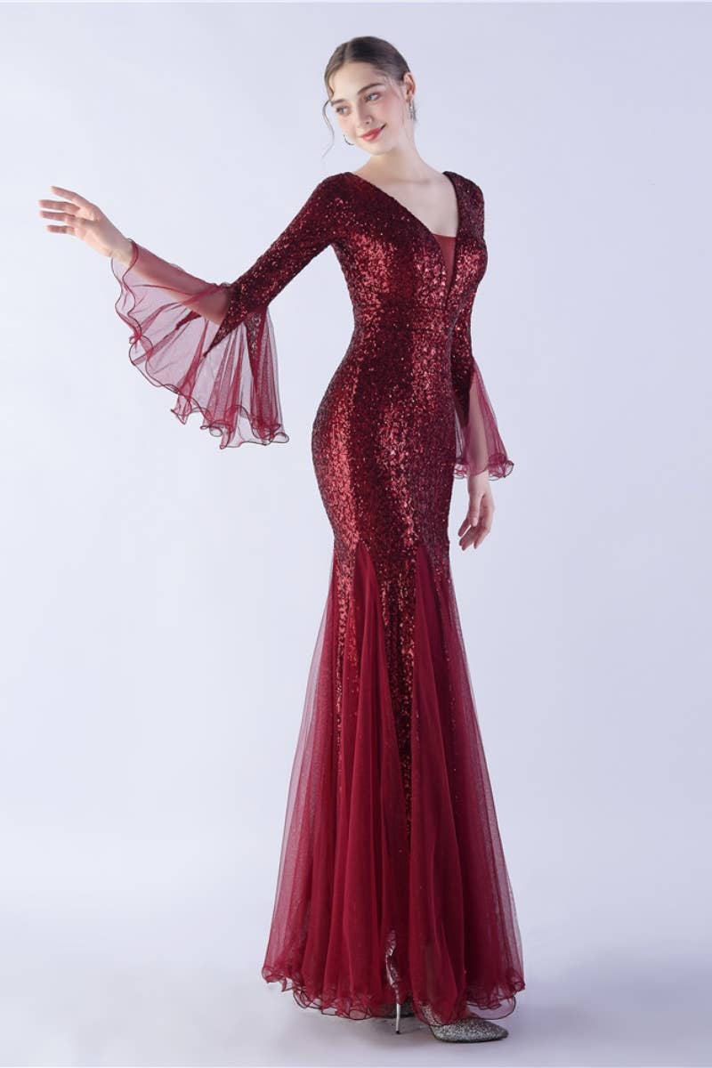 CWDMD3627_WAVY MESH BANQUET STAGE SEQUIN DRESS DRESS LONG