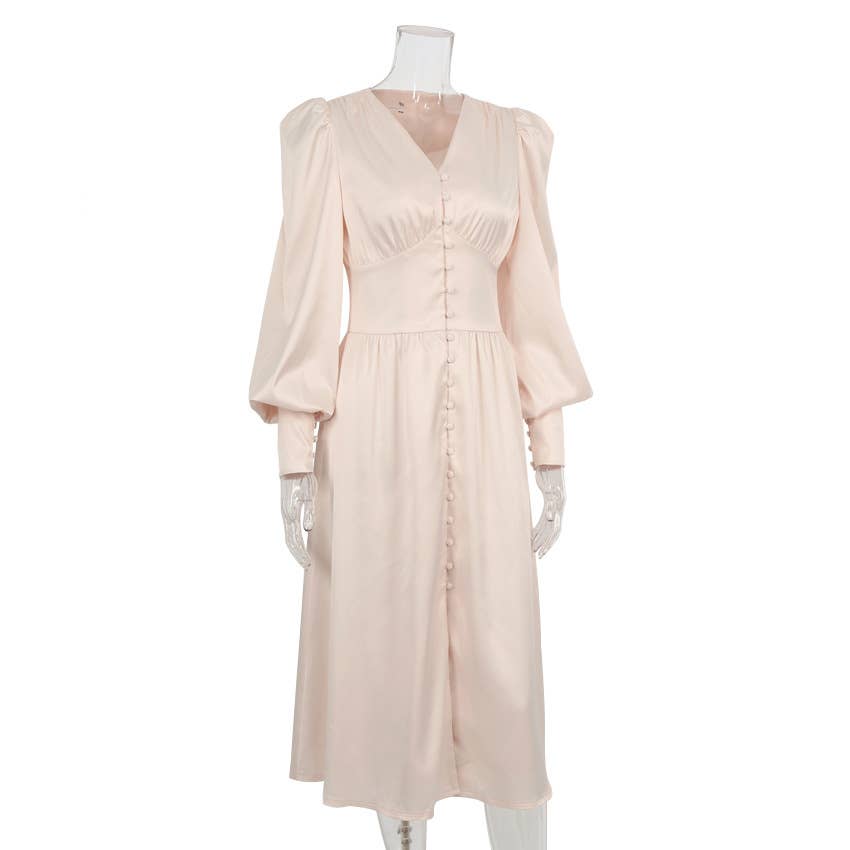 CWDMD4167_VINTAGE SATIN COURT DRESS WITH WAIST AND V-NECK