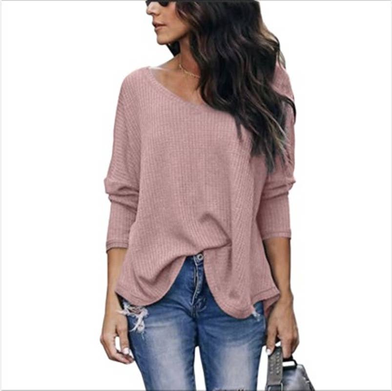 CWTTL1205_V-neck Long Sleeved Loose Knit Top