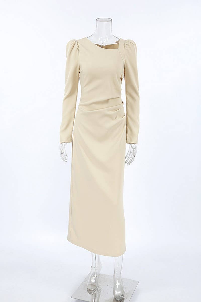 CWDMD6113_ASYMMETRIC NECK PUFF SLEEVE BODYCON SLIT DRESS