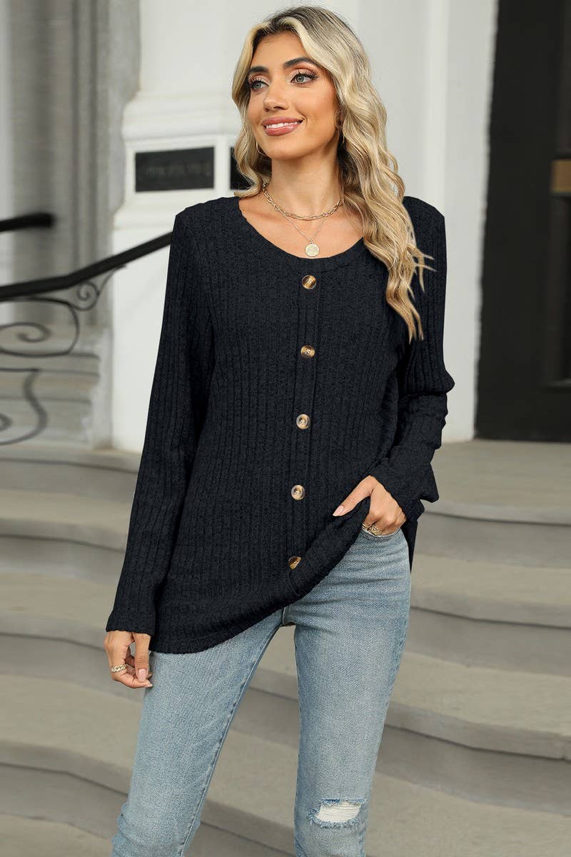 CWOSWL6831_SINGLE-BREASTED ROUND NECK LONG-SLEEVED LOOSE TOP