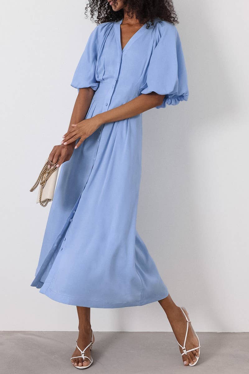 CWDMD6089_LINEN COTTON V NECK PUFF SLEEVE SLIM DRESS