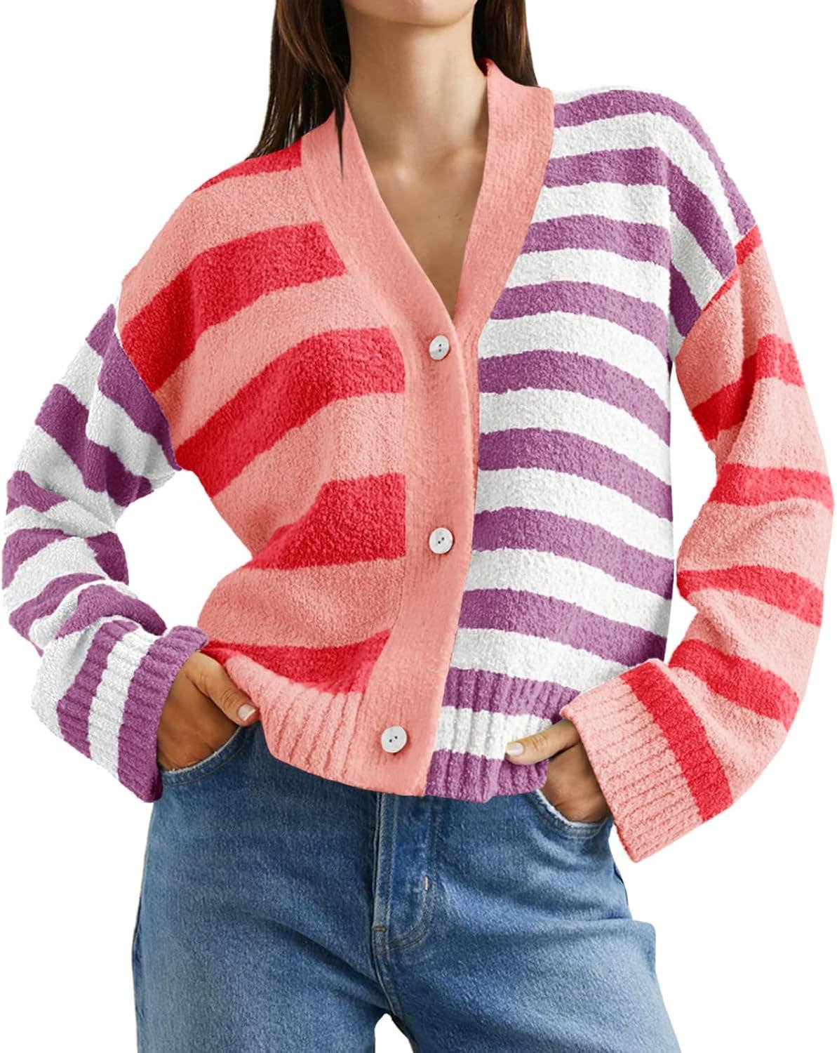 COLOR MATCHING STRIPED PLUSH LOOSE KNIT COAT