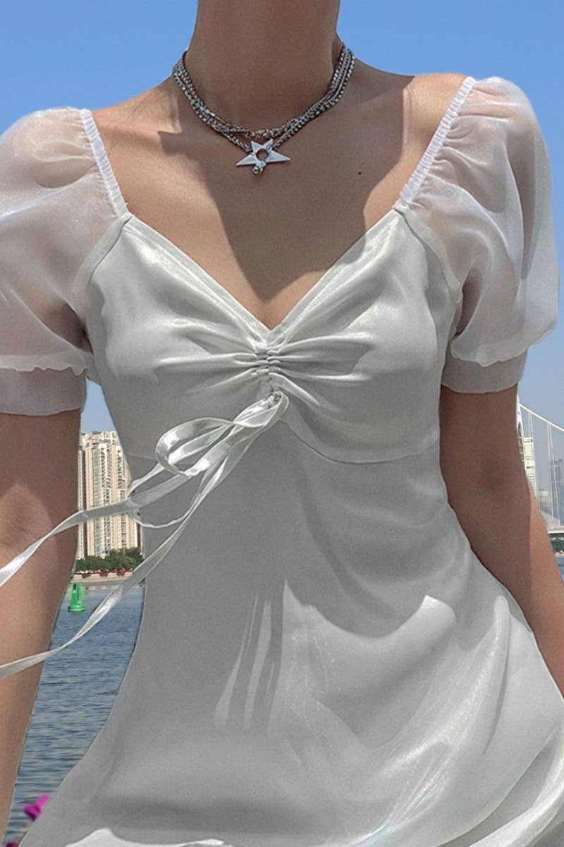 CWDSD8137_VINTAGE SHEER ORGANZA PUFF SLEEVE MINI DRESS