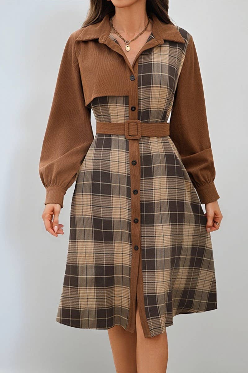 CWTDSL00030_CASUAL VINTAGE PLAID SHIRT COLLAR DRESS