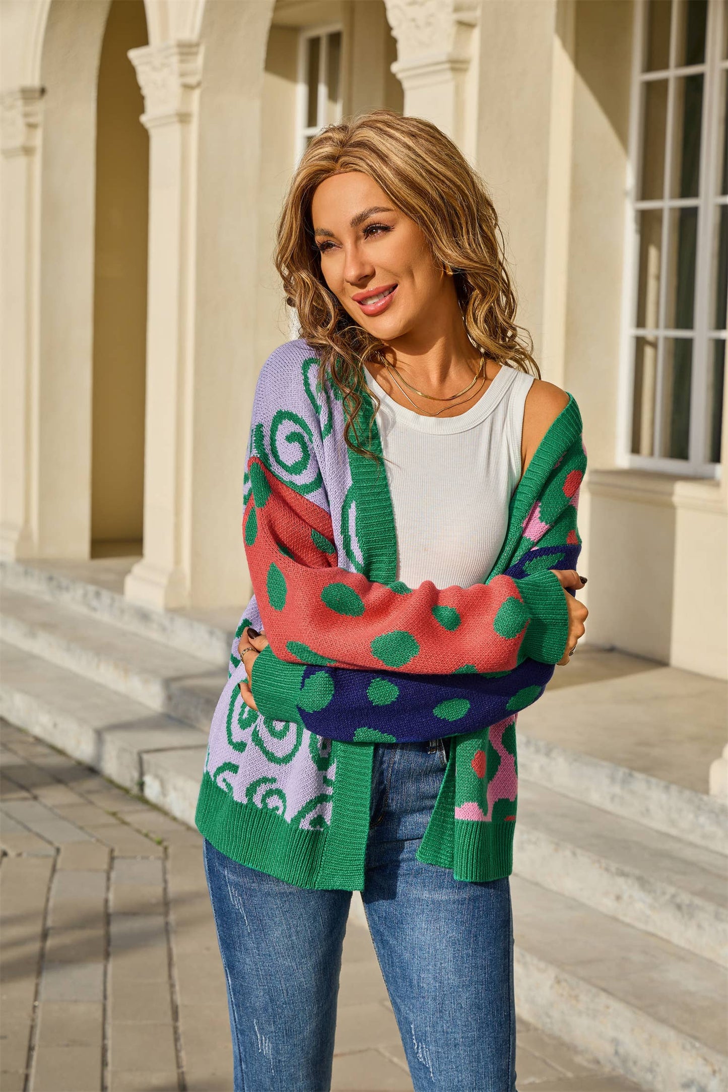 Color-blocking loose,buttonless knitted cardigan