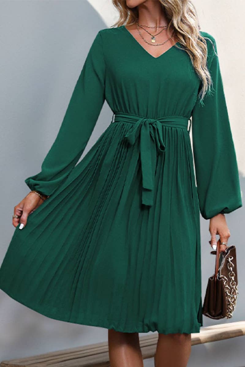 CWDMD4081_V-NECK LONG SLEEVE LACE-UP PLEATED DRESS