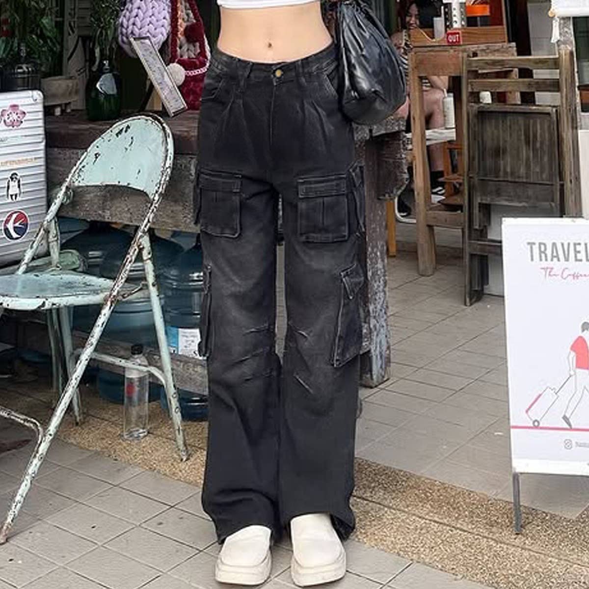 American retro multi-pocket washed jeans