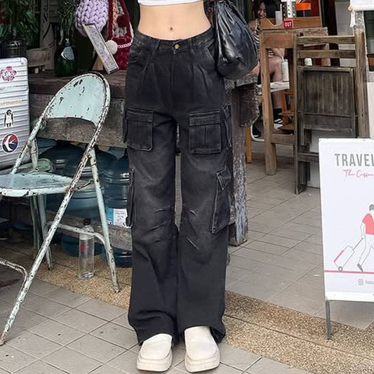 American retro multi-pocket washed jeans