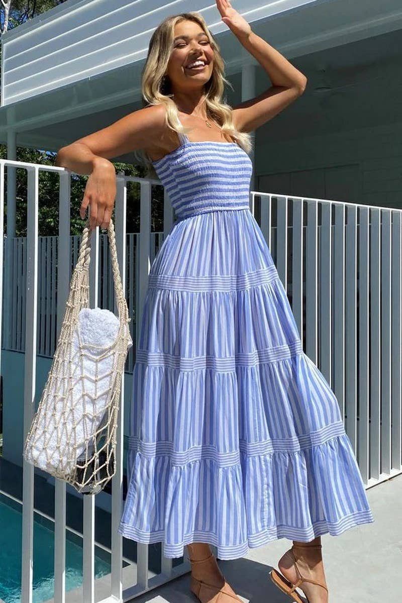 CWDMD5956_STRIPED PRINT SPAGHETTI STRAP VACATION DRESS