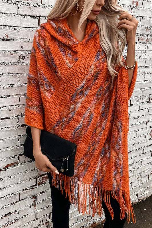 CWOSWS0091_STRIPED HOODED KNITTED FRINGED CAPE SHAWL